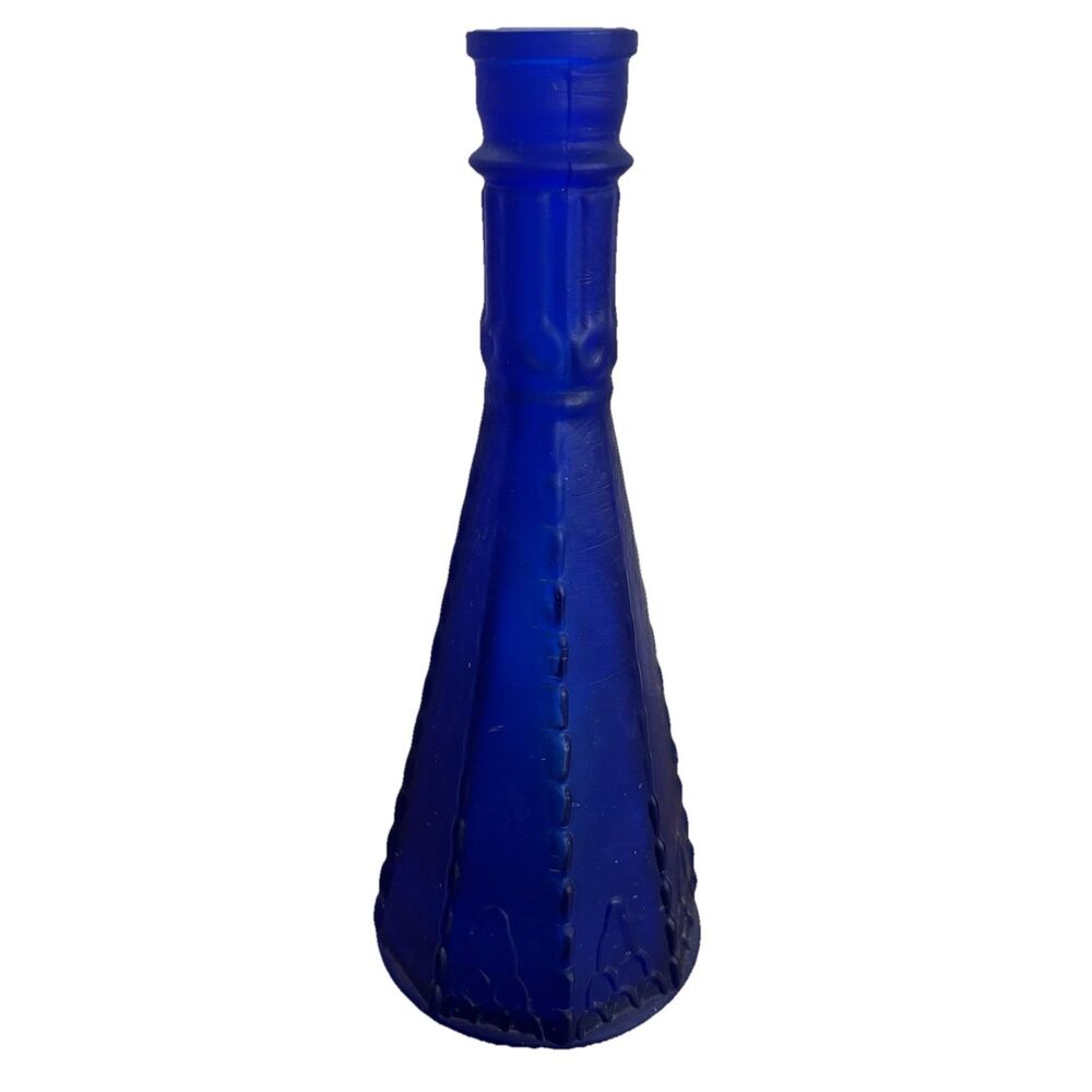 MOREY MCM Art-Deco Cobalt Blue Frosted Glass Decanter Bottle -MADE IN SPAIN